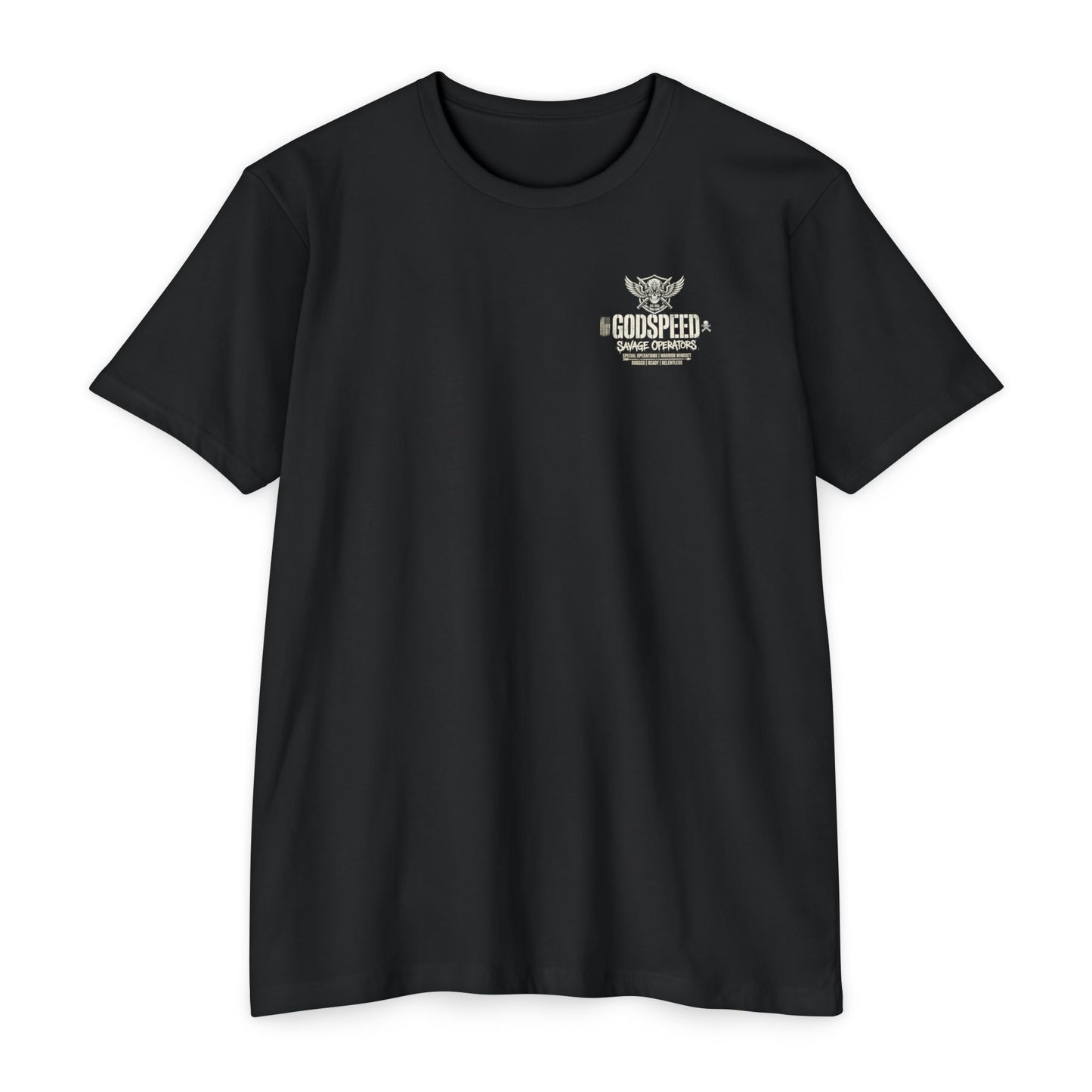 GODSPEED Back Print Shirt – Savage Operators Tactical Skull Tee | Distressed Military Streetwear - Savage Operators Tactical Tee | T-Shirt | Savage Operators Clothing | Patriotic Apparel | Military Humor | High Quality CVC Black