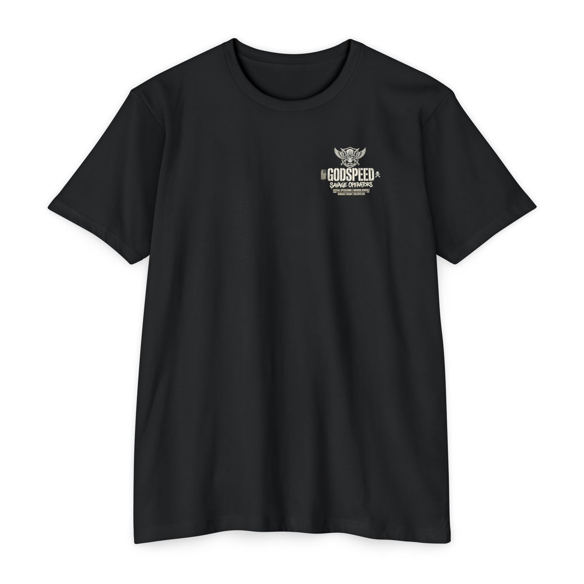 GODSPEED Back Print Shirt – Savage Operators Tactical Skull Tee | Distressed Military Streetwear - Savage Operators Tactical Tee | T-Shirt | Savage Operators Clothing | Patriotic Apparel | Military Humor | High Quality CVC Black