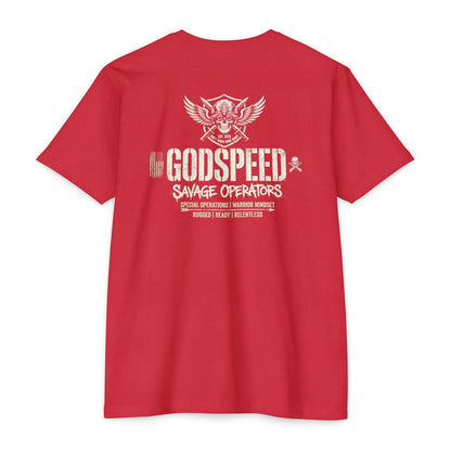 GODSPEED Back Print Shirt – Savage Operators Tactical Skull Tee | Distressed Military Streetwear - Savage Operators Tactical Tee | T-Shirt | Savage Operators Clothing | Patriotic Apparel | Military Humor | High Quality CVC Red