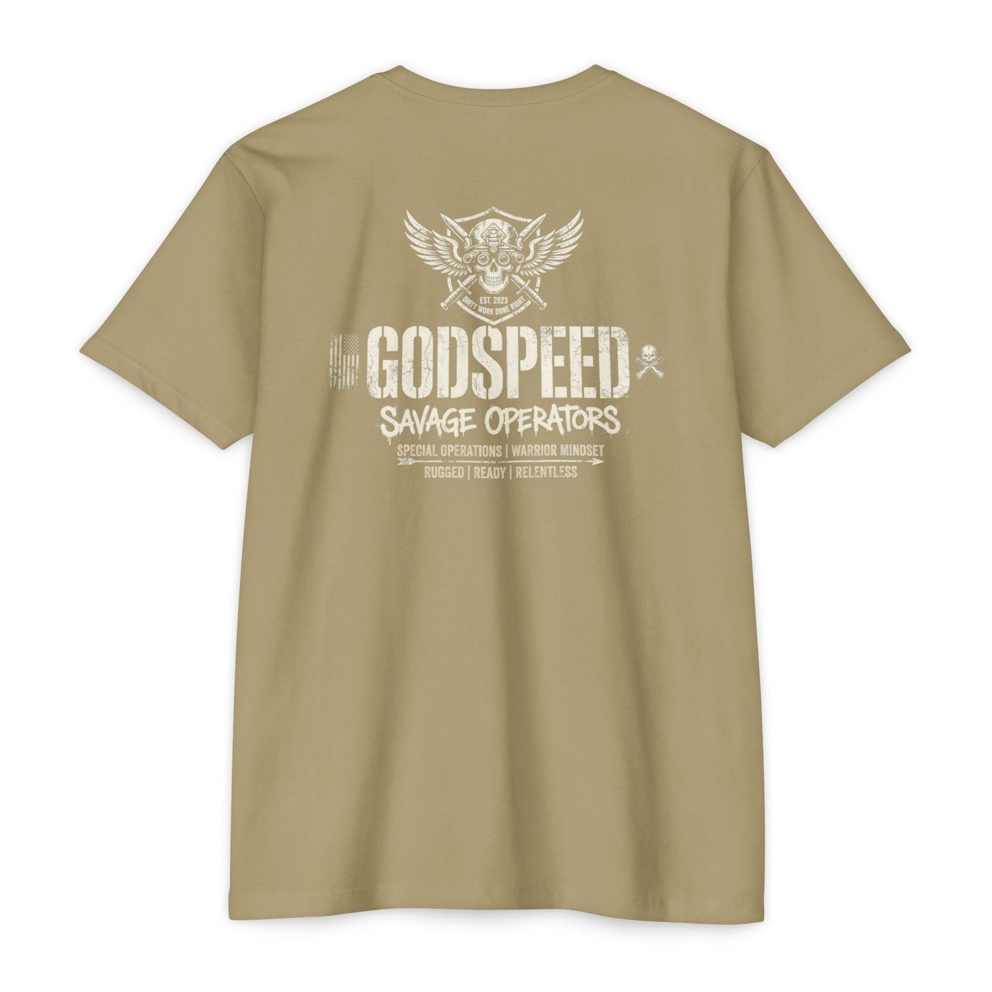 GODSPEED Back Print Shirt – Savage Operators Tactical Skull Tee | Distressed Military Streetwear - Savage Operators Tactical Tee | T-Shirt | Savage Operators Clothing | Patriotic Apparel | Military Humor | High Quality CVC Light Olive
