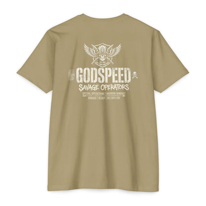 GODSPEED Back Print Shirt – Savage Operators Tactical Skull Tee | Distressed Military Streetwear - Savage Operators Tactical Tee | T-Shirt | Savage Operators Clothing | Patriotic Apparel | Military Humor | High Quality CVC Light Olive