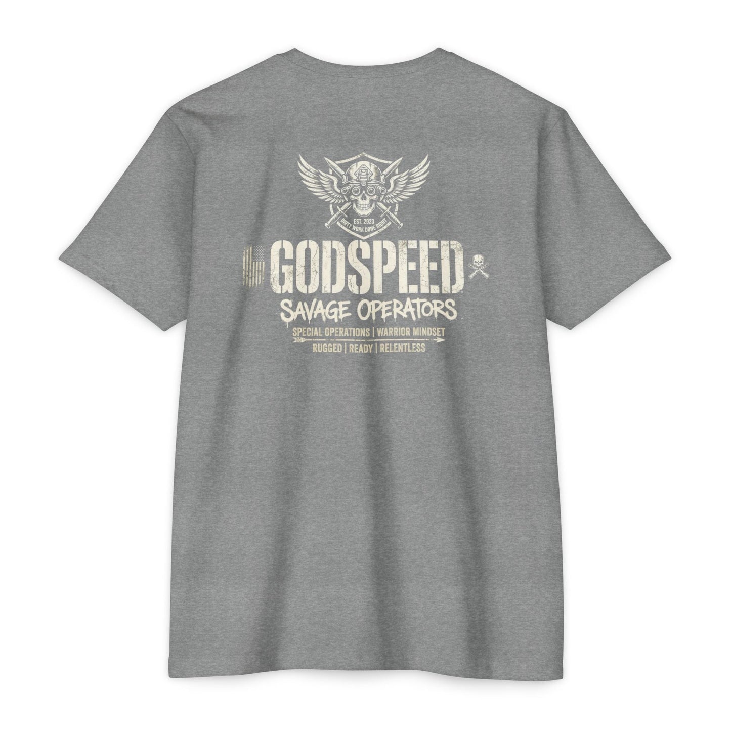 GODSPEED Back Print Shirt – Savage Operators Tactical Skull Tee | Distressed Military Streetwear - Savage Operators Tactical Tee | T-Shirt | Savage Operators Clothing | Patriotic Apparel | Military Humor | High Quality Dark Heather Grey