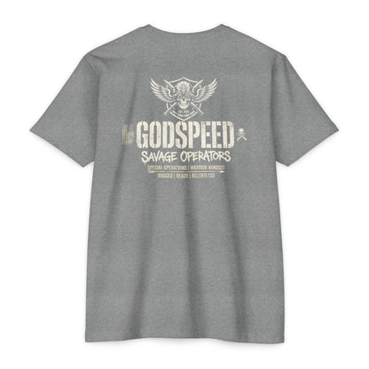 GODSPEED Back Print Shirt – Savage Operators Tactical Skull Tee | Distressed Military Streetwear - Savage Operators Tactical Tee | T-Shirt | Savage Operators Clothing | Patriotic Apparel | Military Humor | High Quality Dark Heather Grey