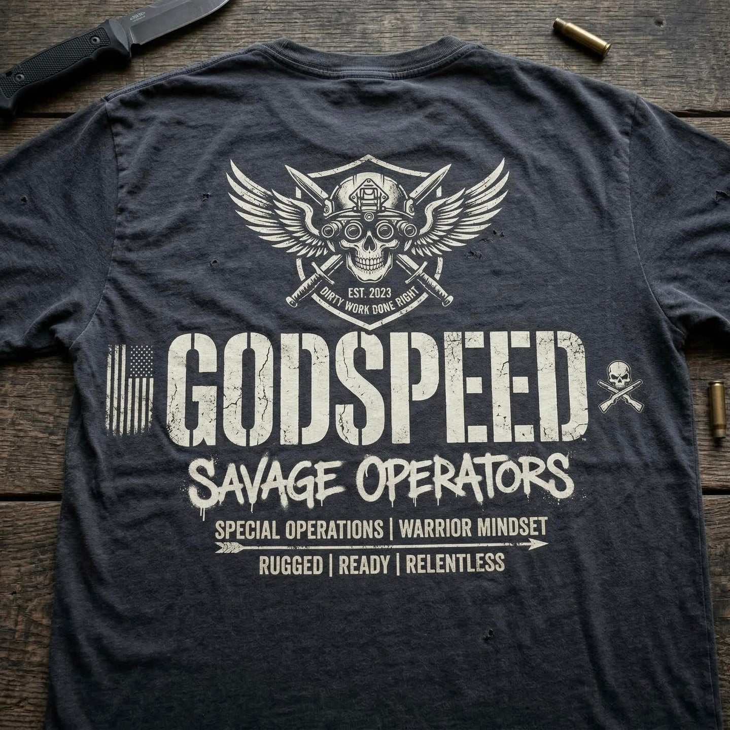 GODSPEED Back Print Shirt – Savage Operators Tactical Skull Tee | Distressed Military Streetwear - Savage Operators Tactical Tee | T-Shirt | Savage Operators Clothing | Patriotic Apparel | Military Humor | High Quality CVC Black