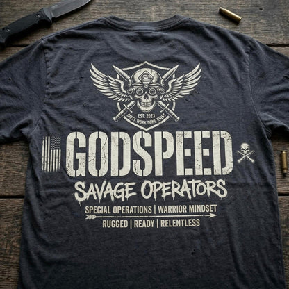 GODSPEED Back Print Shirt – Savage Operators Tactical Skull Tee | Distressed Military Streetwear - Savage Operators Tactical Tee | T-Shirt | Savage Operators Clothing | Patriotic Apparel | Military Humor | High Quality CVC Black