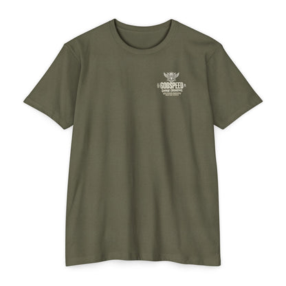 GODSPEED Back Print Shirt – Savage Operators Tactical Skull Tee | Distressed Military Streetwear - Savage Operators Tactical Tee | T-Shirt | Savage Operators Clothing | Patriotic Apparel | Military Humor | High Quality CVC Military Green