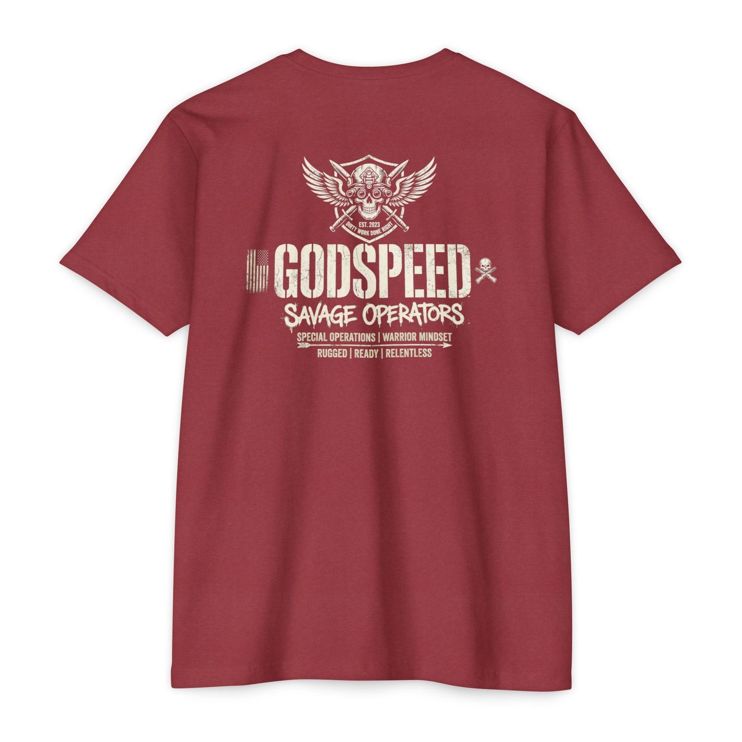 GODSPEED Back Print Shirt – Savage Operators Tactical Skull Tee | Distressed Military Streetwear - Savage Operators Tactical Tee | T-Shirt | Savage Operators Clothing | Patriotic Apparel | Military Humor | High Quality CVC Cardinal