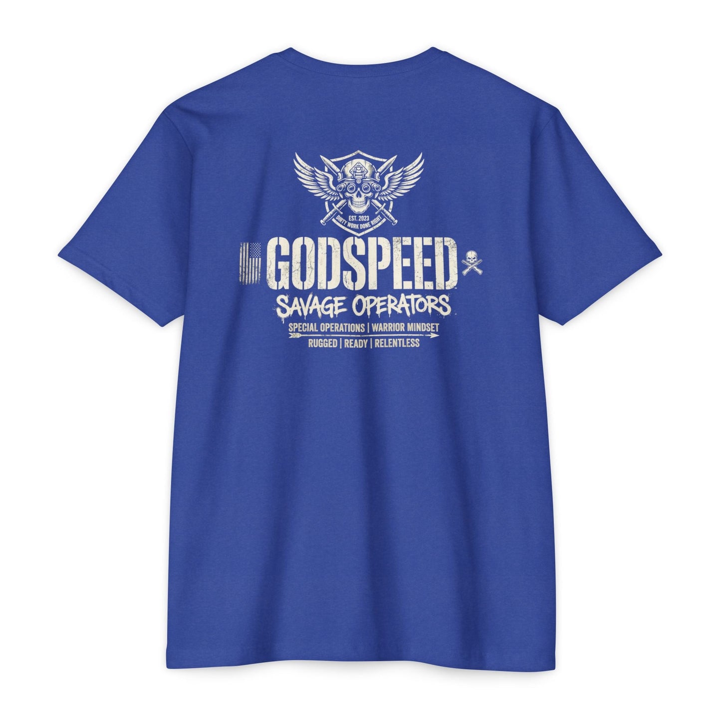 GODSPEED Back Print Shirt – Savage Operators Tactical Skull Tee | Distressed Military Streetwear - Savage Operators Tactical Tee | T-Shirt | Savage Operators Clothing | Patriotic Apparel | Military Humor | High Quality CVC Royal