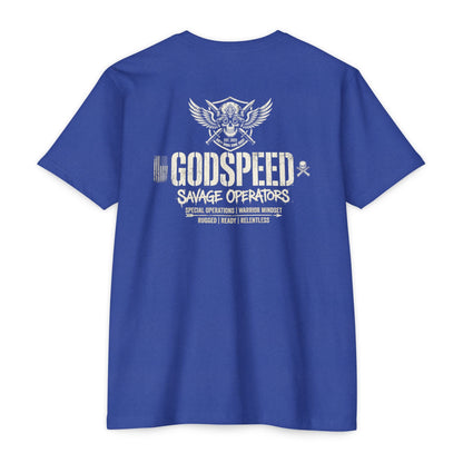 GODSPEED Back Print Shirt – Savage Operators Tactical Skull Tee | Distressed Military Streetwear - Savage Operators Tactical Tee | T-Shirt | Savage Operators Clothing | Patriotic Apparel | Military Humor | High Quality CVC Royal