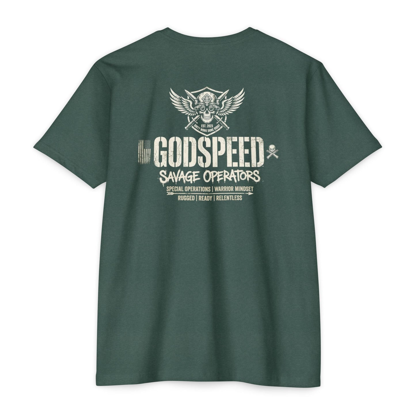 GODSPEED Back Print Shirt – Savage Operators Tactical Skull Tee | Distressed Military Streetwear - Savage Operators Tactical Tee | T-Shirt | Savage Operators Clothing | Patriotic Apparel | Military Humor | High Quality Heather Forest Green