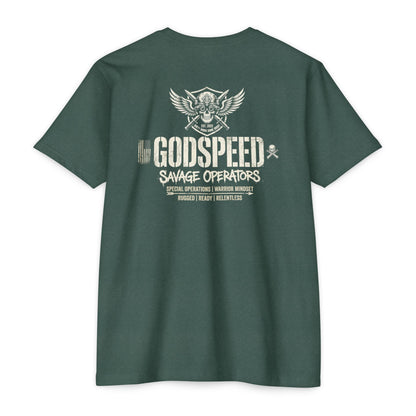 GODSPEED Back Print Shirt – Savage Operators Tactical Skull Tee | Distressed Military Streetwear - Savage Operators Tactical Tee | T-Shirt | Savage Operators Clothing | Patriotic Apparel | Military Humor | High Quality Heather Forest Green