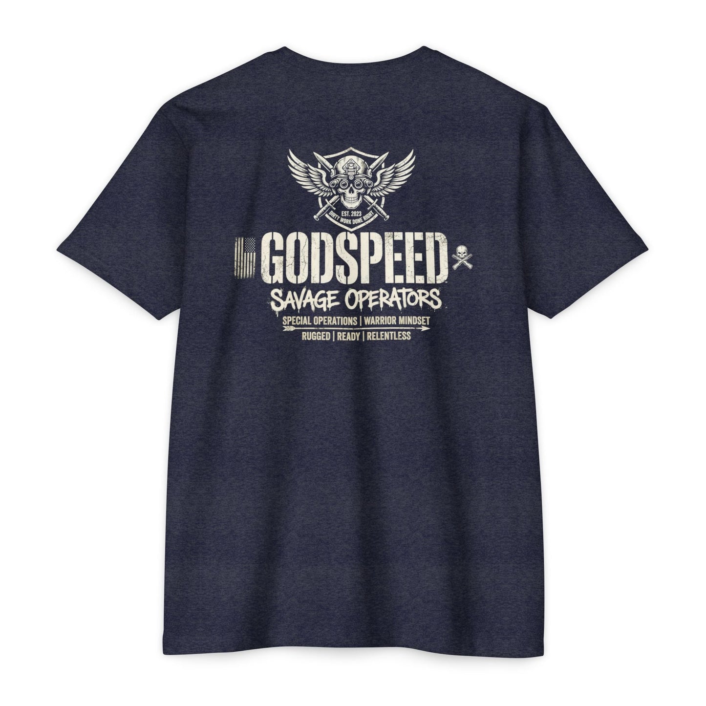 GODSPEED Back Print Shirt – Savage Operators Tactical Skull Tee | Distressed Military Streetwear - Savage Operators Tactical Tee | T-Shirt | Savage Operators Clothing | Patriotic Apparel | Military Humor | High Quality CVC Midnight Navy