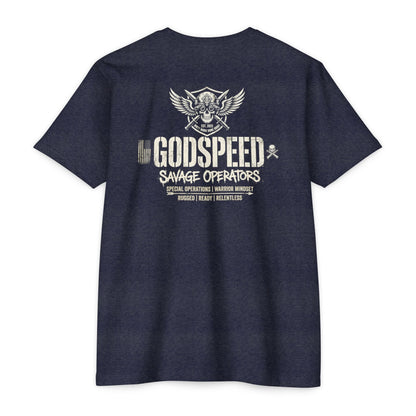 GODSPEED Back Print Shirt – Savage Operators Tactical Skull Tee | Distressed Military Streetwear - Savage Operators Tactical Tee | T-Shirt | Savage Operators Clothing | Patriotic Apparel | Military Humor | High Quality CVC Midnight Navy