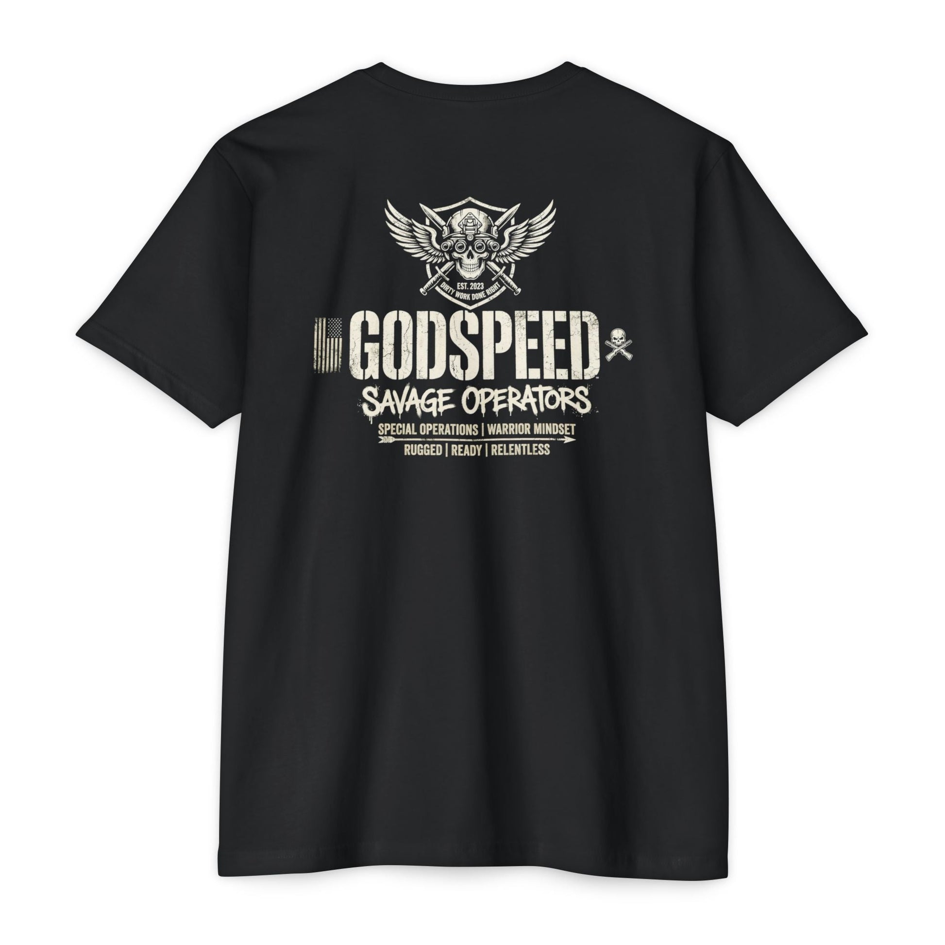 GODSPEED Back Print Shirt – Savage Operators Tactical Skull Tee | Distressed Military Streetwear - Savage Operators Tactical Tee | T-Shirt | Savage Operators Clothing | Patriotic Apparel | Military Humor | High Quality CVC Cardinal