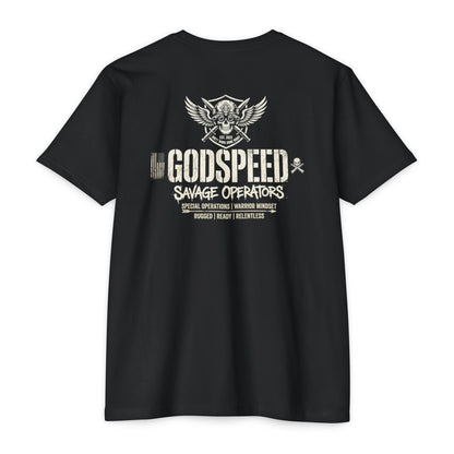 GODSPEED Back Print Shirt – Savage Operators Tactical Skull Tee | Distressed Military Streetwear - Savage Operators Tactical Tee | T-Shirt | Savage Operators Clothing | Patriotic Apparel | Military Humor | High Quality CVC Cardinal