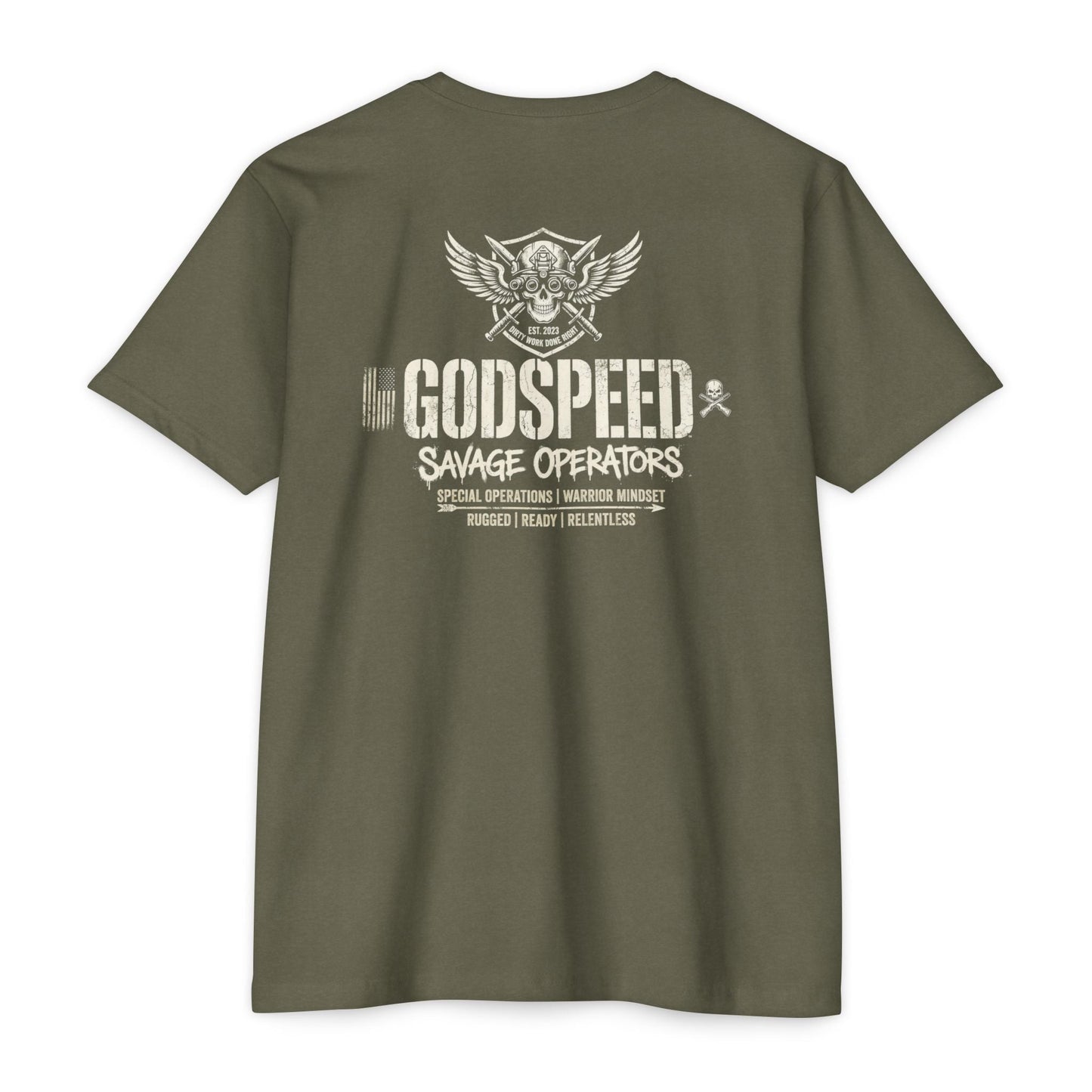 GODSPEED Back Print Shirt – Savage Operators Tactical Skull Tee | Distressed Military Streetwear - Savage Operators Tactical Tee | T-Shirt | Savage Operators Clothing | Patriotic Apparel | Military Humor | High Quality CVC Cardinal