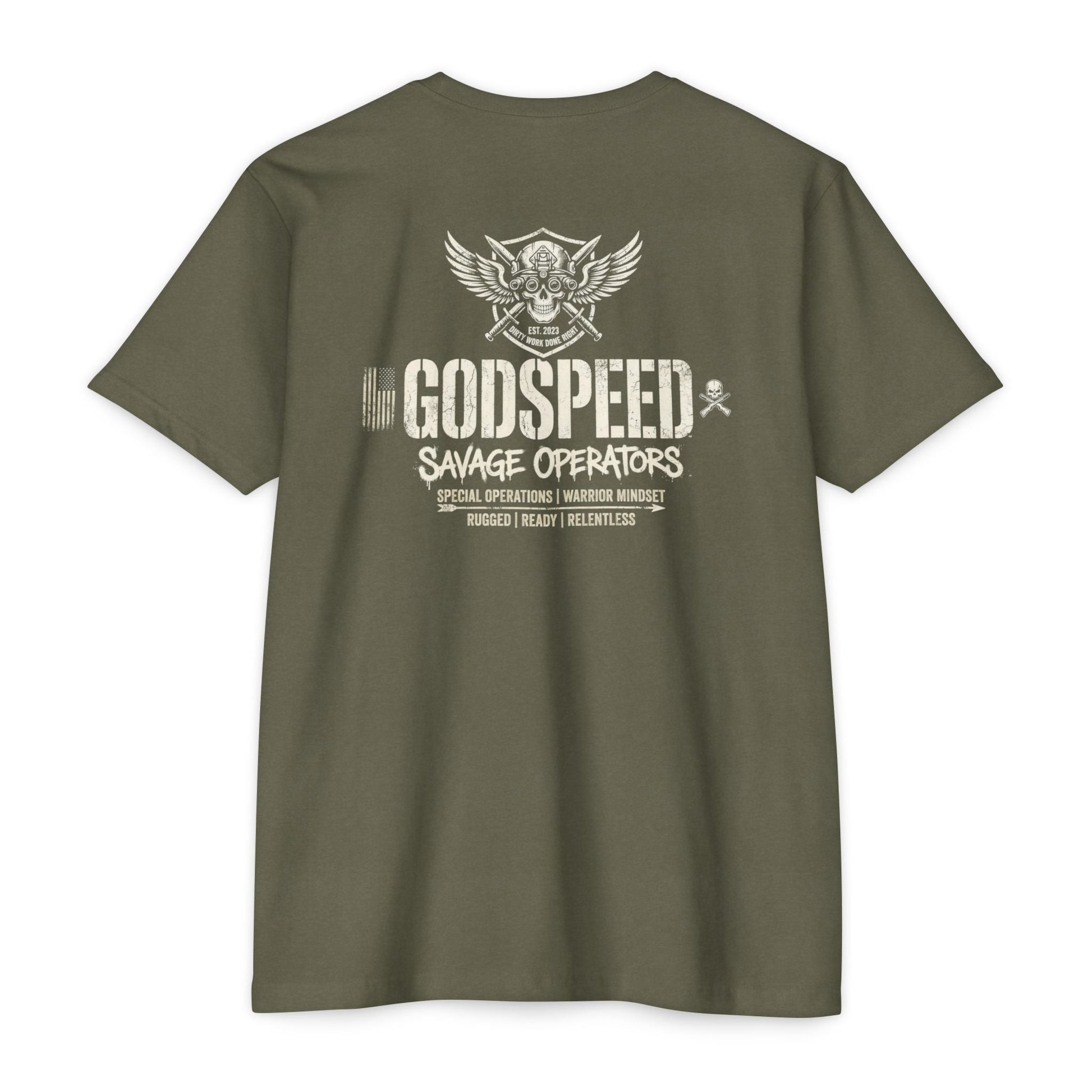 GODSPEED Back Print Shirt – Savage Operators Tactical Skull Tee | Distressed Military Streetwear - Savage Operators Tactical Tee | T-Shirt | Savage Operators Clothing | Patriotic Apparel | Military Humor | High Quality CVC Cardinal