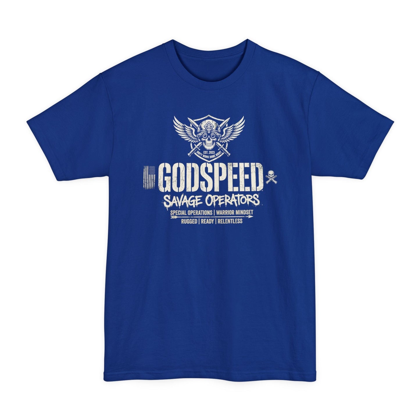 GODSPEED Big & Tall Shirt – XLT Back Print Tactical Skull Tee | Savage Operators Extended Size Graphic Shirt - Savage Operators Tactical Tee | T-Shirt | Savage Operators Clothing | Patriotic Apparel | Military Humor | High Quality Deep Royal
