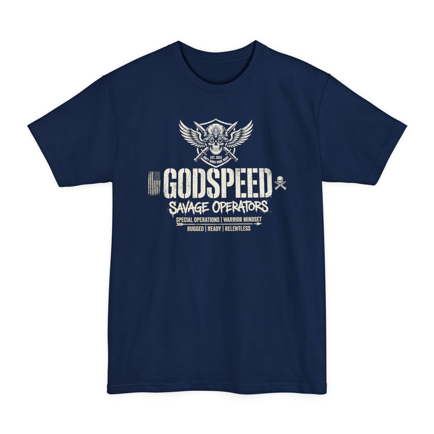 GODSPEED Big & Tall Shirt – XLT Back Print Tactical Skull Tee | Savage Operators Extended Size Graphic Shirt - Savage Operators Tactical Tee | T-Shirt | Savage Operators Clothing | Patriotic Apparel | Military Humor | High Quality Navy