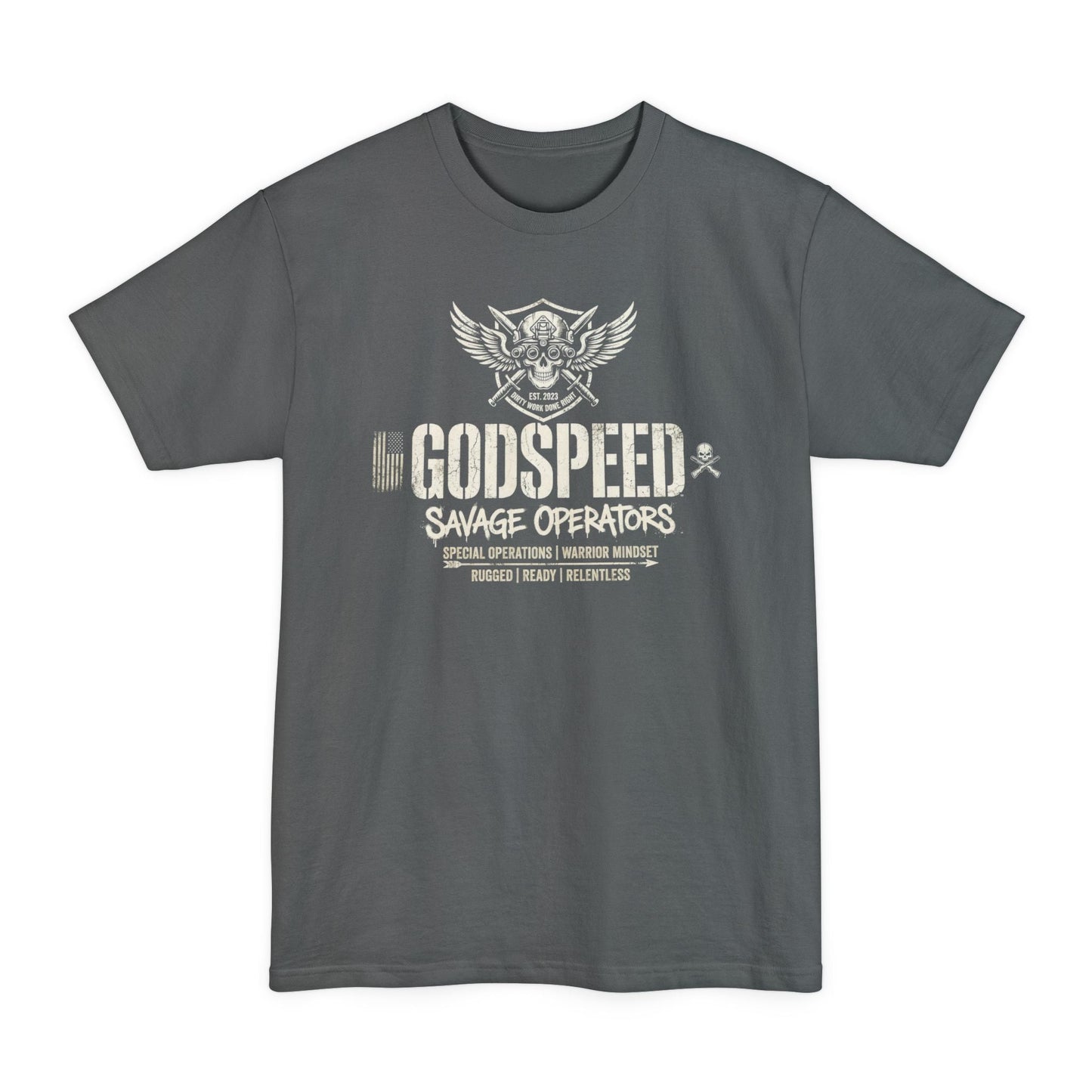 GODSPEED Big & Tall Shirt – XLT Back Print Tactical Skull Tee | Savage Operators Extended Size Graphic Shirt - Savage Operators Tactical Tee | T-Shirt | Savage Operators Clothing | Patriotic Apparel | Military Humor | High Quality Navy