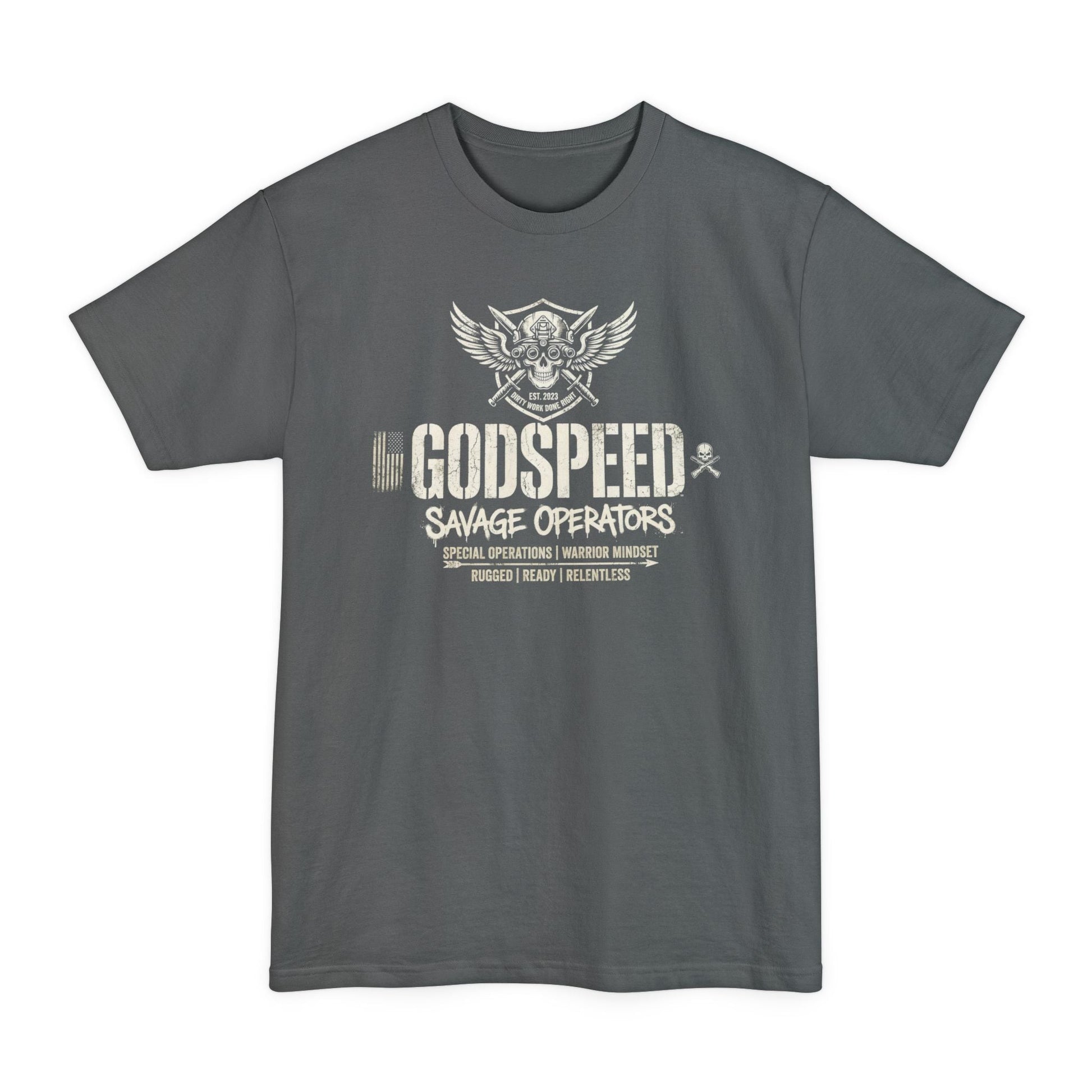 GODSPEED Big & Tall Shirt – XLT Back Print Tactical Skull Tee | Savage Operators Extended Size Graphic Shirt - Savage Operators Tactical Tee | T-Shirt | Savage Operators Clothing | Patriotic Apparel | Military Humor | High Quality Navy