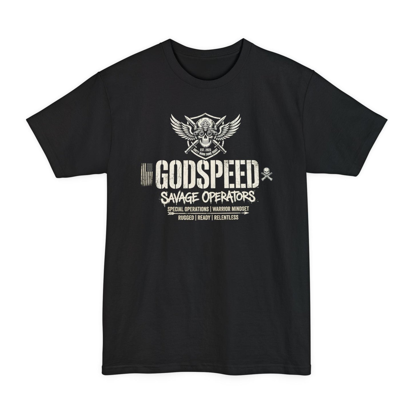 GODSPEED Big & Tall Shirt – XLT Back Print Tactical Skull Tee | Savage Operators Extended Size Graphic Shirt - Savage Operators Tactical Tee | T-Shirt | Savage Operators Clothing | Patriotic Apparel | Military Humor | High Quality Black