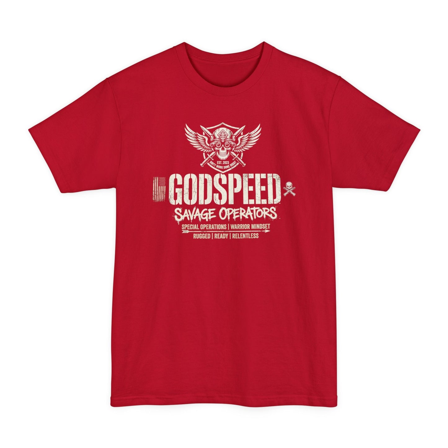 GODSPEED Big & Tall Shirt – XLT Back Print Tactical Skull Tee | Savage Operators Extended Size Graphic Shirt - Savage Operators Tactical Tee | T-Shirt | Savage Operators Clothing | Patriotic Apparel | Military Humor | High Quality Deep Red