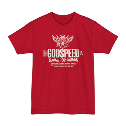 GODSPEED Big & Tall Shirt – XLT Back Print Tactical Skull Tee | Savage Operators Extended Size Graphic Shirt - Savage Operators Tactical Tee | T-Shirt | Savage Operators Clothing | Patriotic Apparel | Military Humor | High Quality Deep Red