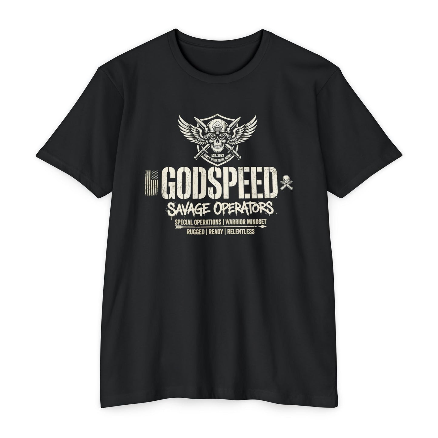 Godspeed Savage Operators T-Shirt — Military Skull Emblem Tee Front Print - Savage Operators Tactical Tee | T-Shirt | Savage Operators Clothing | Patriotic Apparel | Military Humor | High Quality CVC Black
