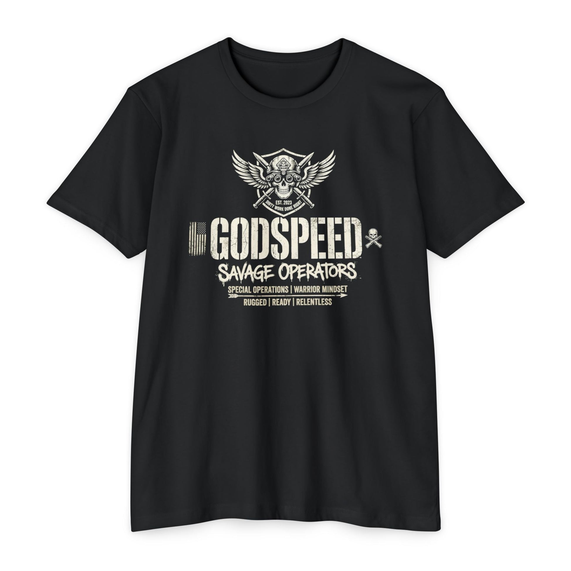 Godspeed Savage Operators T-Shirt — Military Skull Emblem Tee Front Print - Savage Operators Tactical Tee | T-Shirt | Savage Operators Clothing | Patriotic Apparel | Military Humor | High Quality CVC Black