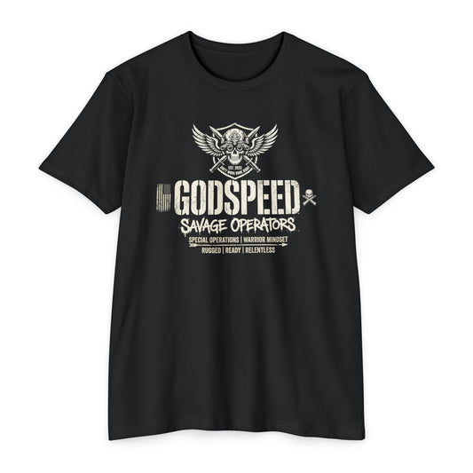 Godspeed Savage Operators T-Shirt — Military Skull Emblem Tee Front Print - Savage Operators Tactical Tee | T-Shirt | Savage Operators Clothing | Patriotic Apparel | Military Humor | High Quality CVC Black