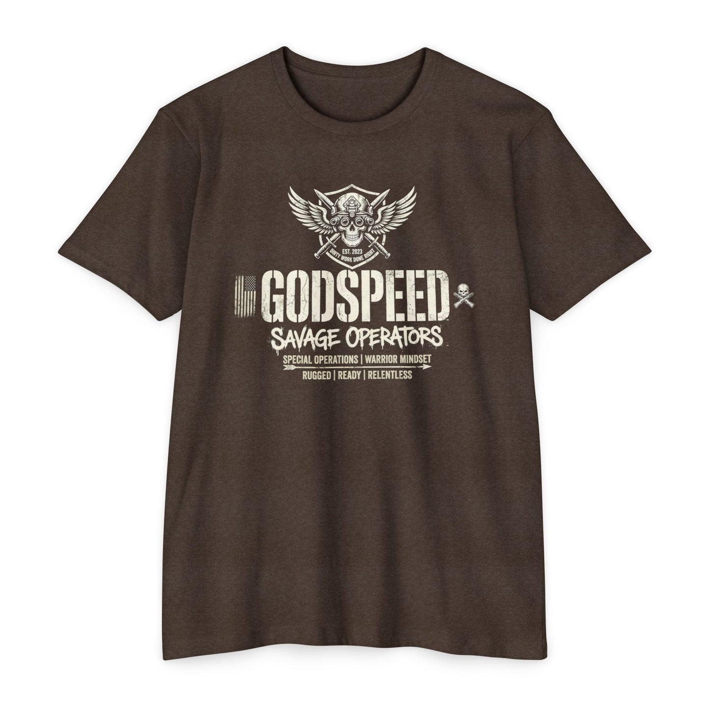 Godspeed Savage Operators T-Shirt — Military Skull Emblem Tee Front Print - Savage Operators Tactical Tee | T-Shirt | Savage Operators Clothing | Patriotic Apparel | Military Humor | High Quality CVC Espresso