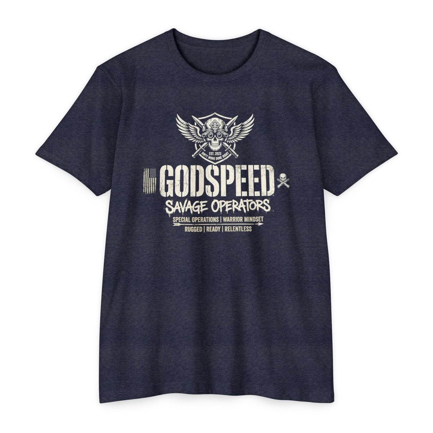 Godspeed Savage Operators T-Shirt — Military Skull Emblem Tee Front Print - Savage Operators Tactical Tee | T-Shirt | Savage Operators Clothing | Patriotic Apparel | Military Humor | High Quality CVC Midnight Navy