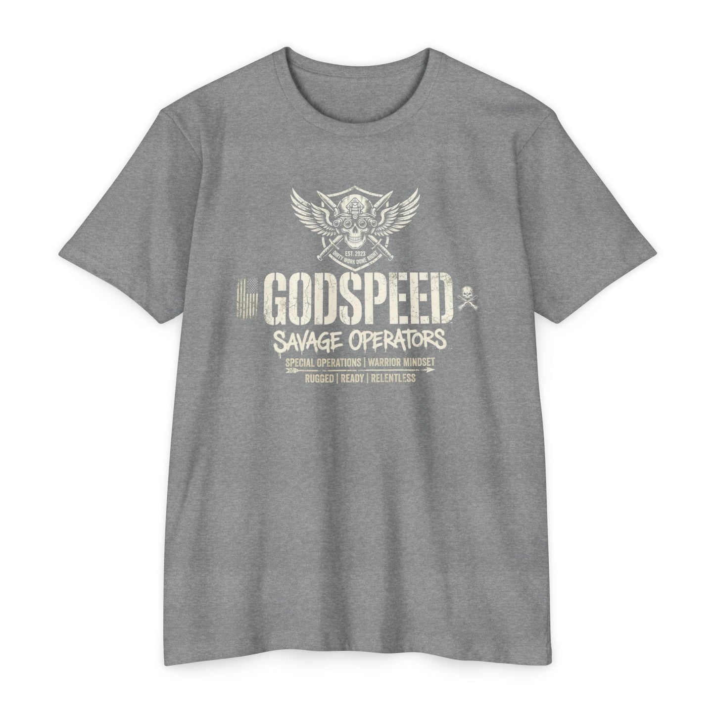 Godspeed Savage Operators T-Shirt — Military Skull Emblem Tee Front Print - Savage Operators Tactical Tee | T-Shirt | Savage Operators Clothing | Patriotic Apparel | Military Humor | High Quality Dark Heather Grey