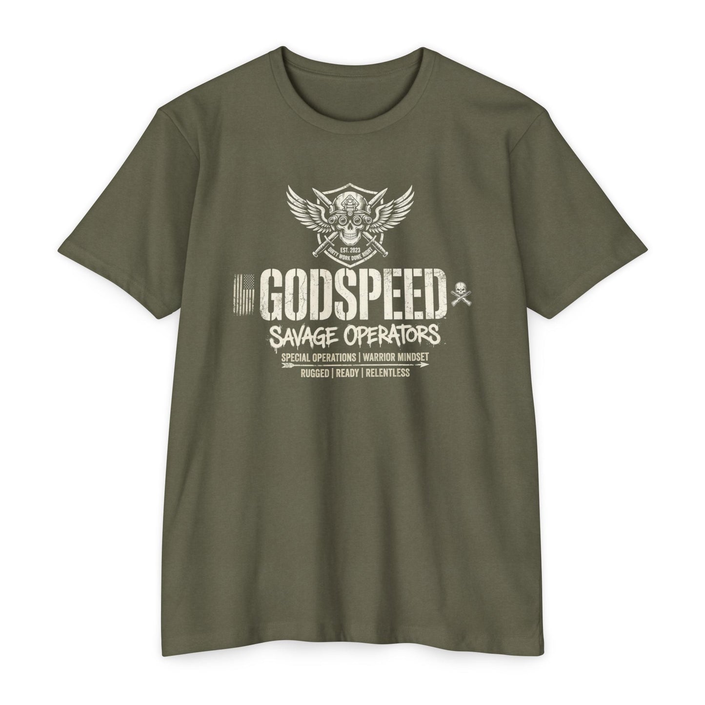 Godspeed Savage Operators T-Shirt — Military Skull Emblem Tee Front Print - Savage Operators Tactical Tee | T-Shirt | Savage Operators Clothing | Patriotic Apparel | Military Humor | High Quality CVC Military Green