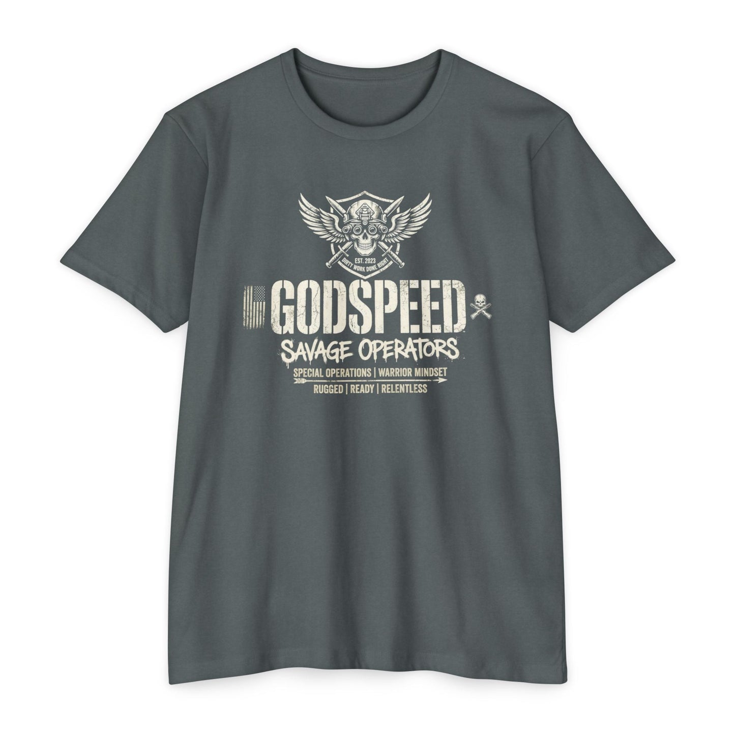 Godspeed Savage Operators T-Shirt — Military Skull Emblem Tee Front Print - Savage Operators Tactical Tee | T-Shirt | Savage Operators Clothing | Patriotic Apparel | Military Humor | High Quality Heather Heavy Metal