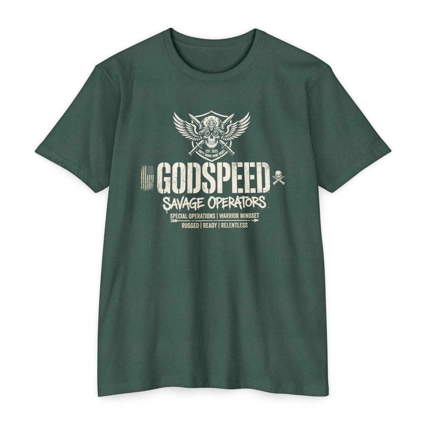 Godspeed Savage Operators T-Shirt — Military Skull Emblem Tee Front Print - Savage Operators Tactical Tee | T-Shirt | Savage Operators Clothing | Patriotic Apparel | Military Humor | High Quality Heather Forest Green