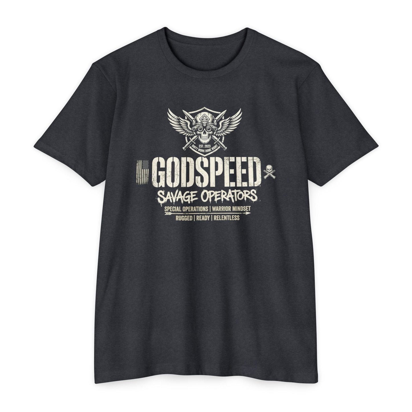 Godspeed Savage Operators T-Shirt — Military Skull Emblem Tee Front Print - Savage Operators Tactical Tee | T-Shirt | Savage Operators Clothing | Patriotic Apparel | Military Humor | High Quality CVC Charcoal