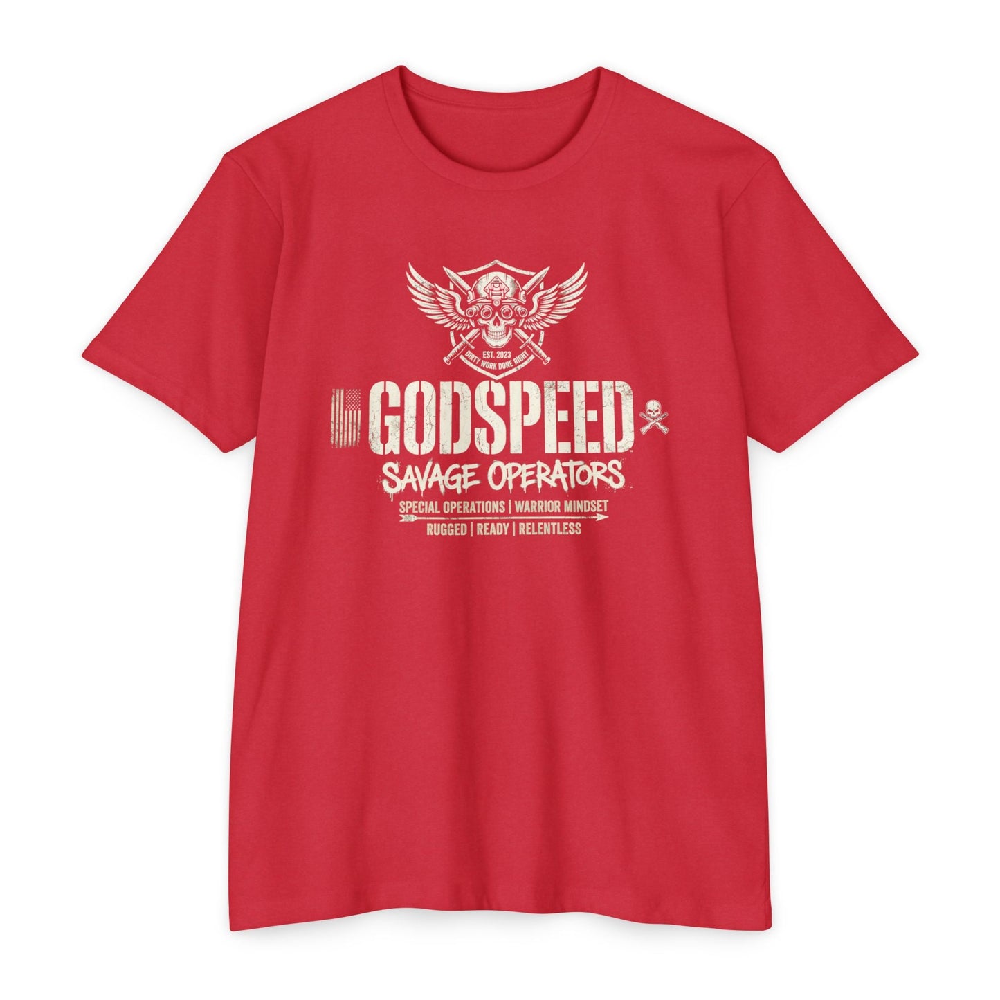 Godspeed Savage Operators T-Shirt — Military Skull Emblem Tee Front Print - Savage Operators Tactical Tee | T-Shirt | Savage Operators Clothing | Patriotic Apparel | Military Humor | High Quality CVC Red