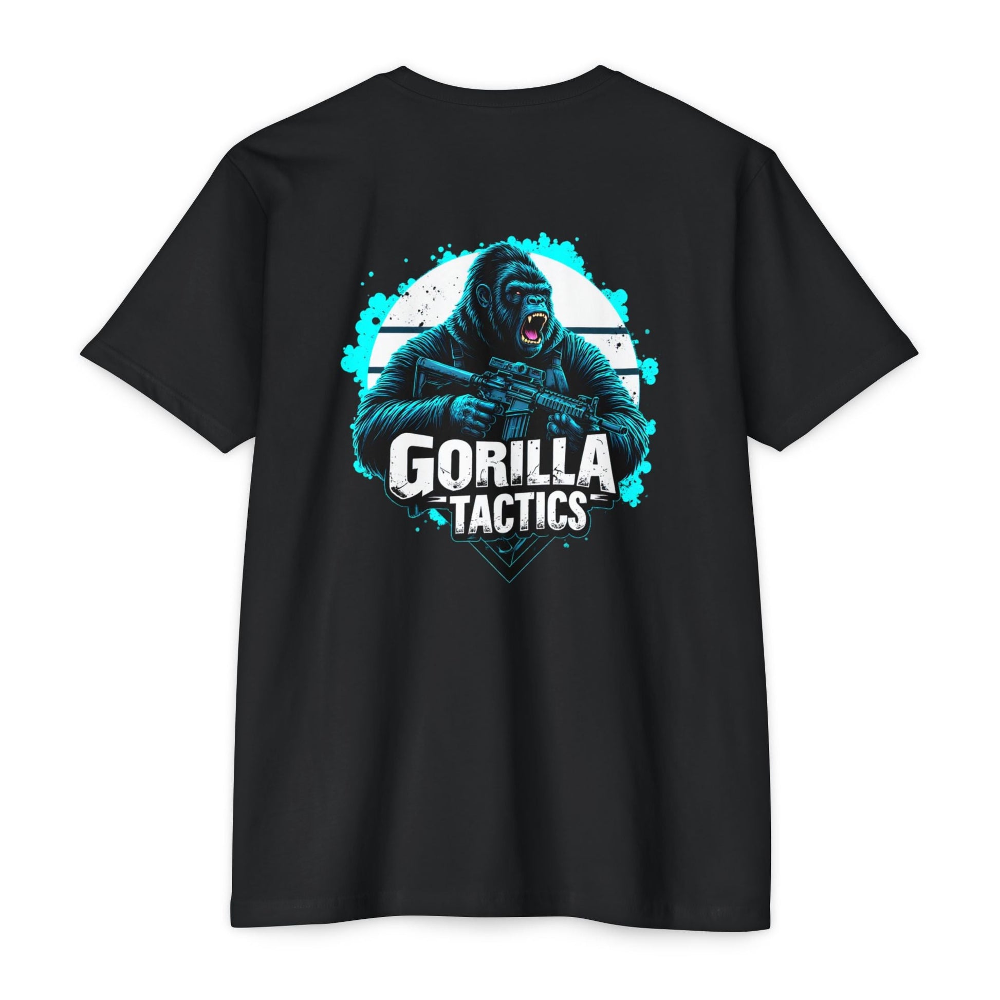 Gorilla Tactics Shirt – Armed Primate Graphic Tee for Alpha Males & Tactical Freaks with taste - BACK PRINT - Savage Operators Tactical Tee | T-Shirt | Savage Operators Clothing | Patriotic Apparel | Military Humor | High Quality CVC Black