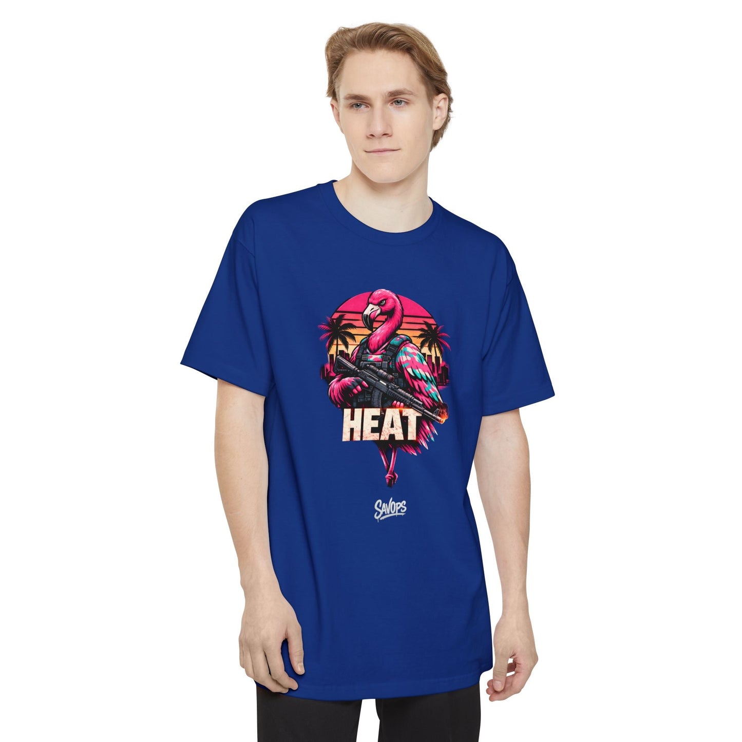 Heat Flamingo T‑Shirt — Retro Neon Flamingo Tall Tee - Savage Operators Tactical Tee | T-Shirt | Savage Operators Clothing | Patriotic Apparel | Military Humor | High Quality Navy