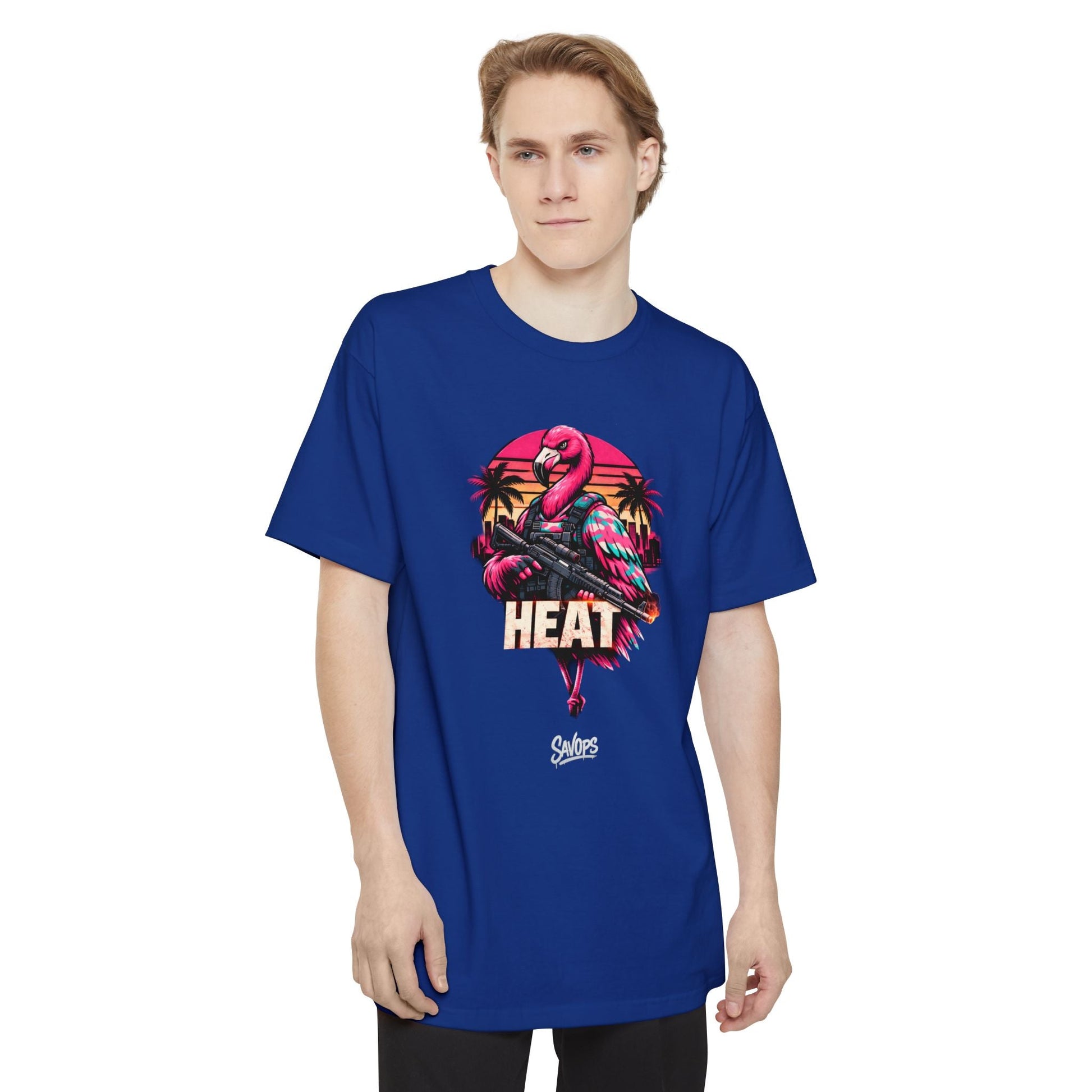 Heat Flamingo T‑Shirt — Retro Neon Flamingo Tall Tee - Savage Operators Tactical Tee | T-Shirt | Savage Operators Clothing | Patriotic Apparel | Military Humor | High Quality Navy