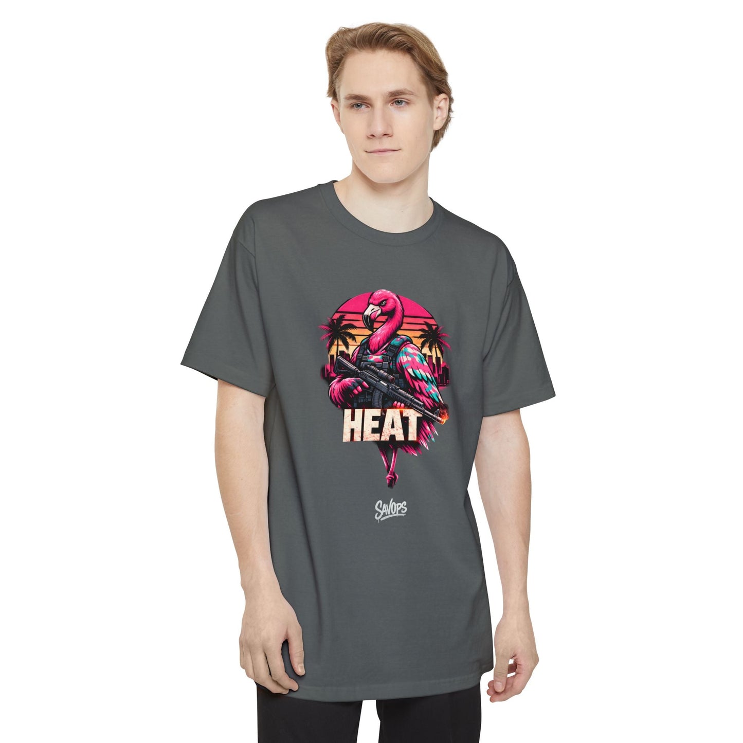 Heat Flamingo T‑Shirt — Retro Neon Flamingo Tall Tee - Savage Operators Tactical Tee | T-Shirt | Savage Operators Clothing | Patriotic Apparel | Military Humor | High Quality Navy
