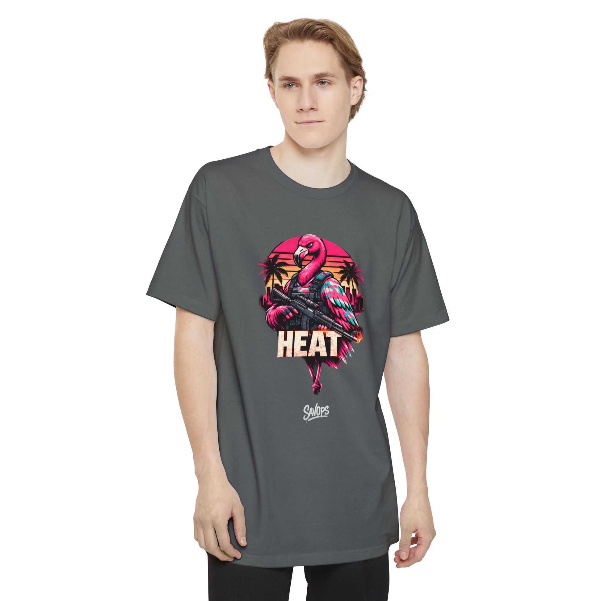 Heat Flamingo T‑Shirt — Retro Neon Flamingo Tall Tee - Savage Operators Tactical Tee | T-Shirt | Savage Operators Clothing | Patriotic Apparel | Military Humor | High Quality Navy