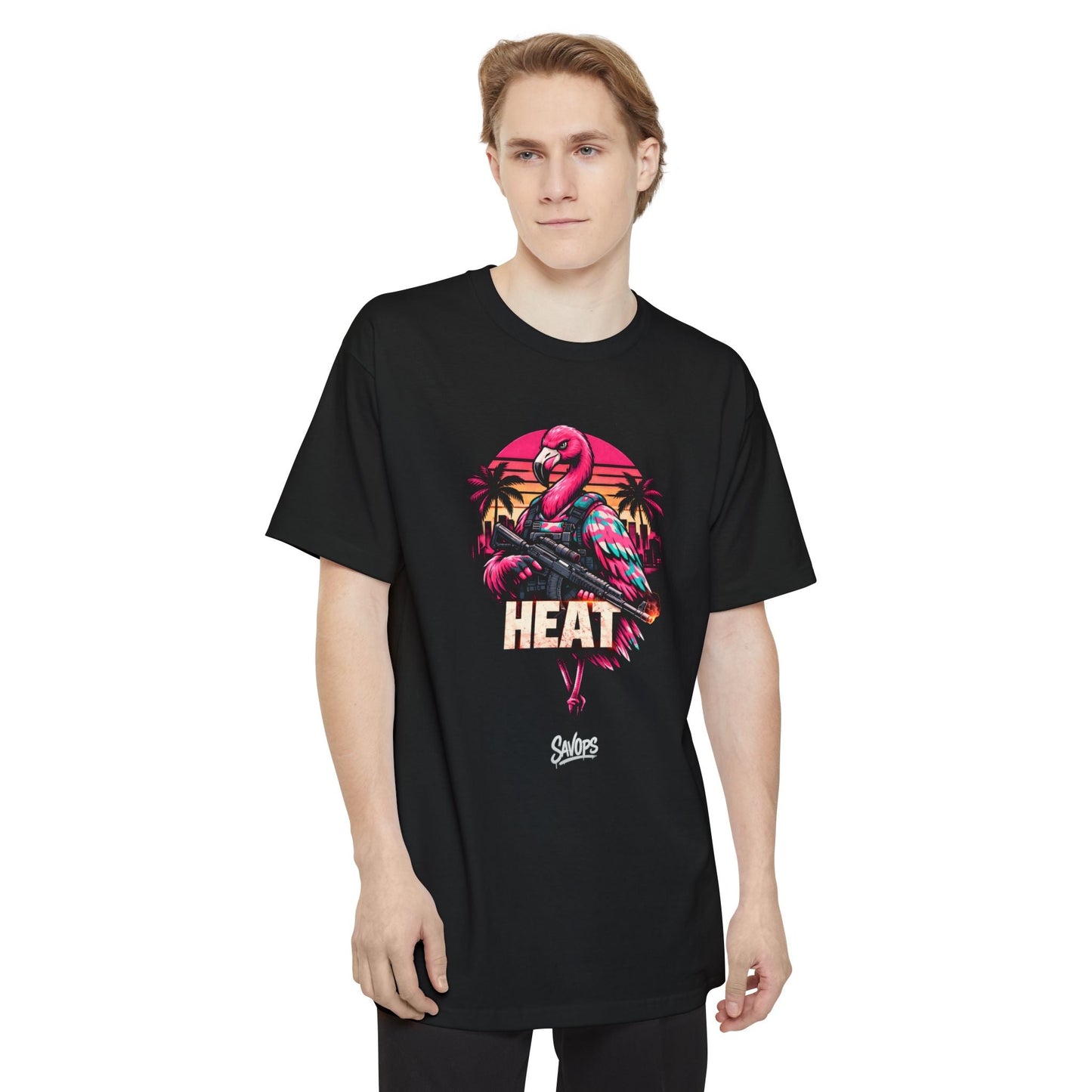 Heat Flamingo T‑Shirt — Retro Neon Flamingo Tall Tee - Savage Operators Tactical Tee | T-Shirt | Savage Operators Clothing | Patriotic Apparel | Military Humor | High Quality Navy