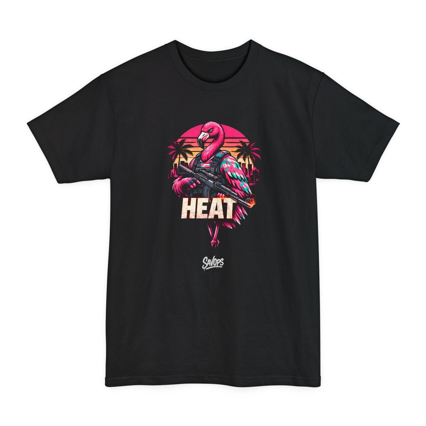 Heat Flamingo T‑Shirt — Retro Neon Flamingo Tall Tee - Savage Operators Tactical Tee | T-Shirt | Savage Operators Clothing | Patriotic Apparel | Military Humor | High Quality Black