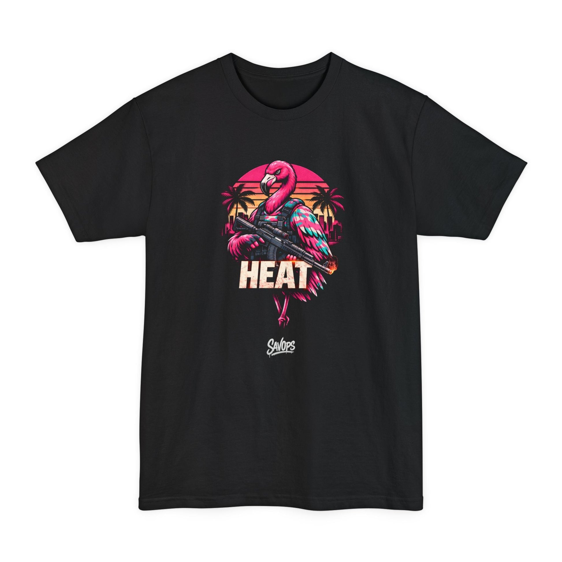 Heat Flamingo T‑Shirt — Retro Neon Flamingo Tall Tee - Savage Operators Tactical Tee | T-Shirt | Savage Operators Clothing | Patriotic Apparel | Military Humor | High Quality Black
