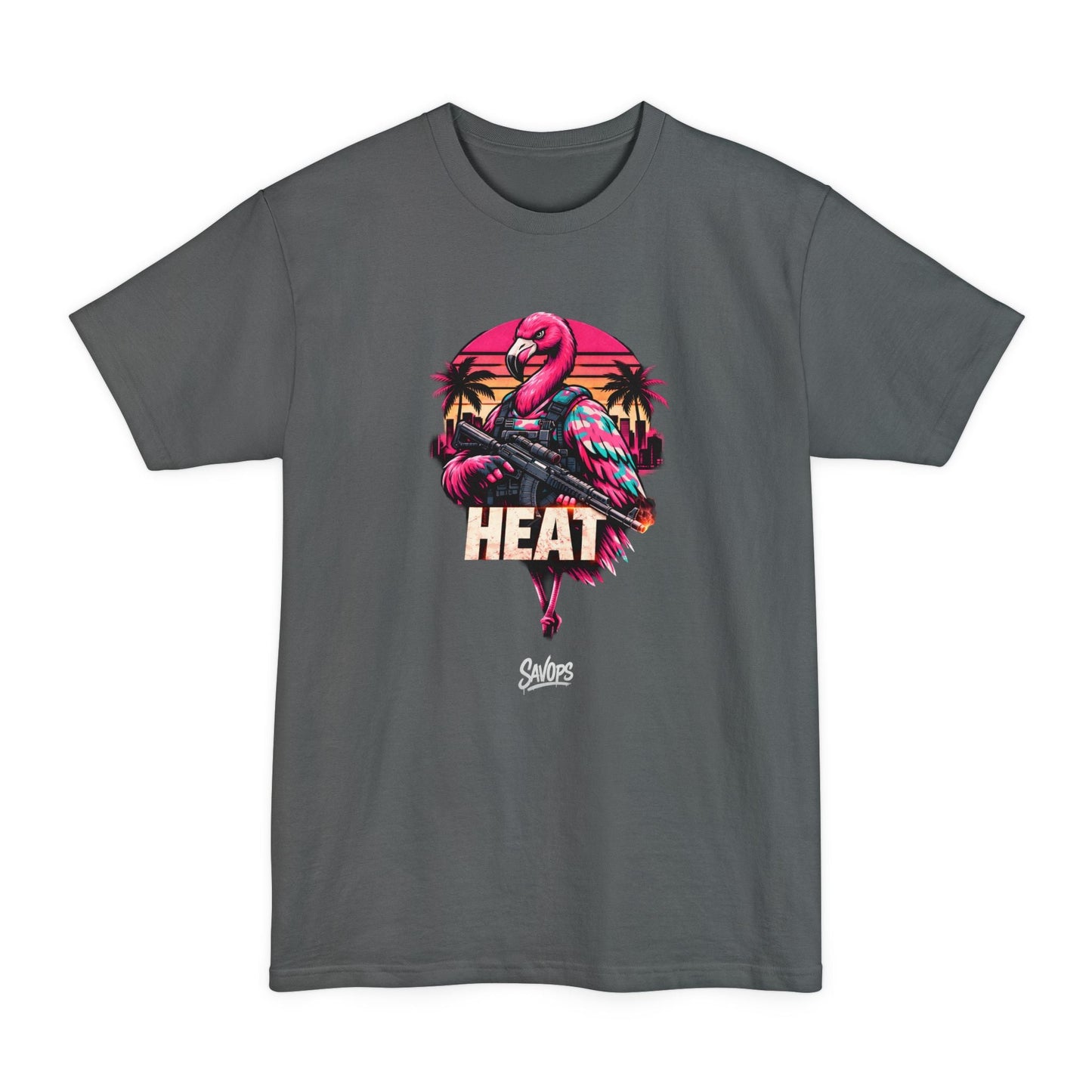 Heat Flamingo T‑Shirt — Retro Neon Flamingo Tall Tee - Savage Operators Tactical Tee | T-Shirt | Savage Operators Clothing | Patriotic Apparel | Military Humor | High Quality Navy