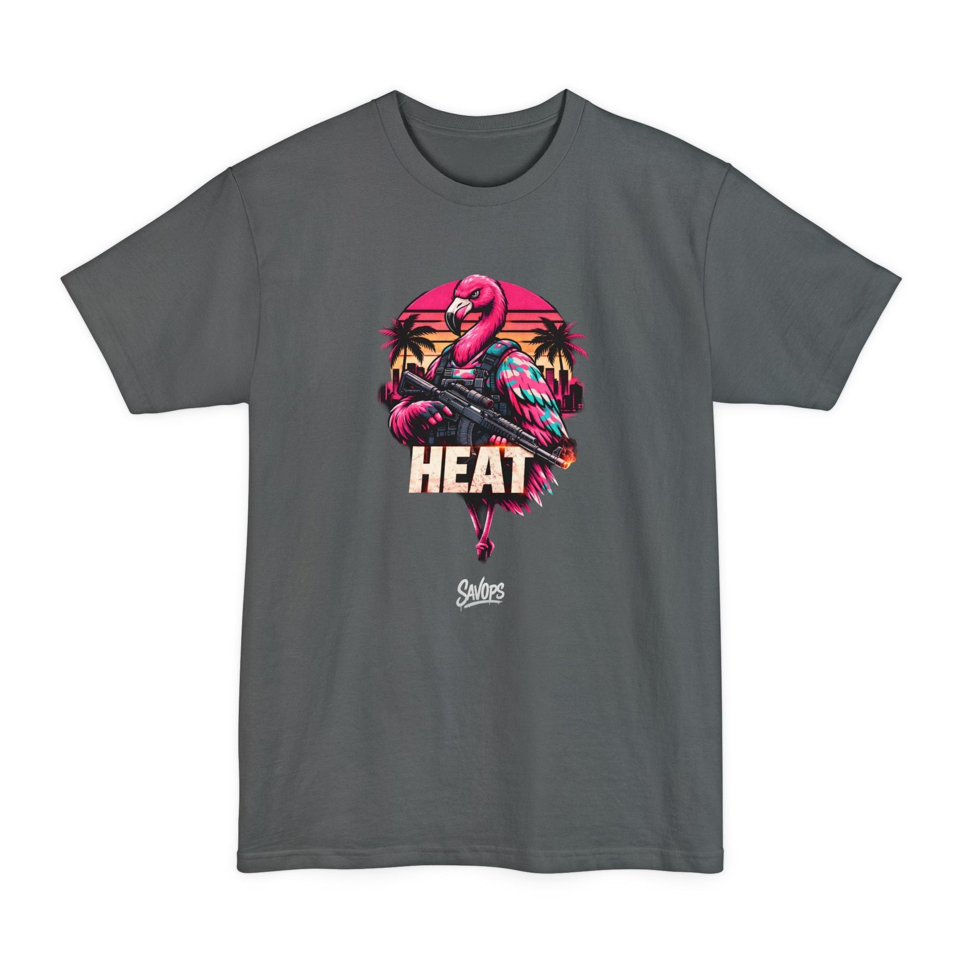 Heat Flamingo T‑Shirt — Retro Neon Flamingo Tall Tee - Savage Operators Tactical Tee | T-Shirt | Savage Operators Clothing | Patriotic Apparel | Military Humor | High Quality Navy
