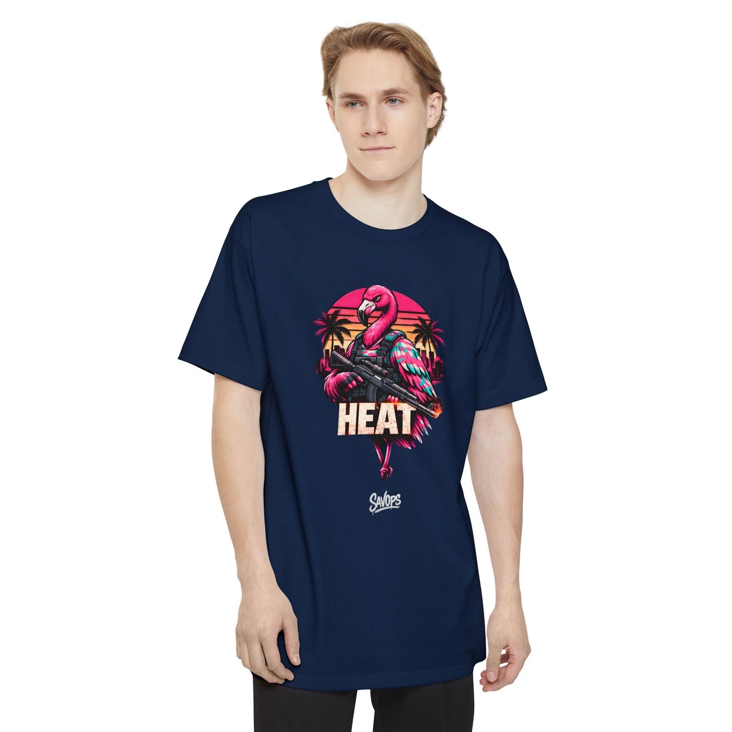 Heat Flamingo T‑Shirt — Retro Neon Flamingo Tall Tee - Savage Operators Tactical Tee | T-Shirt | Savage Operators Clothing | Patriotic Apparel | Military Humor | High Quality Navy